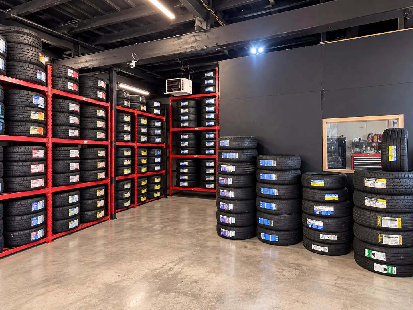 KC Bros tire room: red steel racks packed with labeled tires and stacks of new tires on the floor